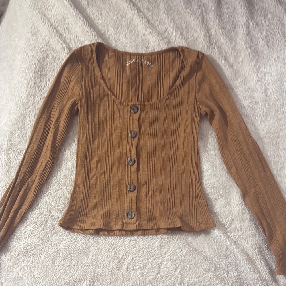 Aeropostale Tan Ribbed Fitted Button Down Shirt